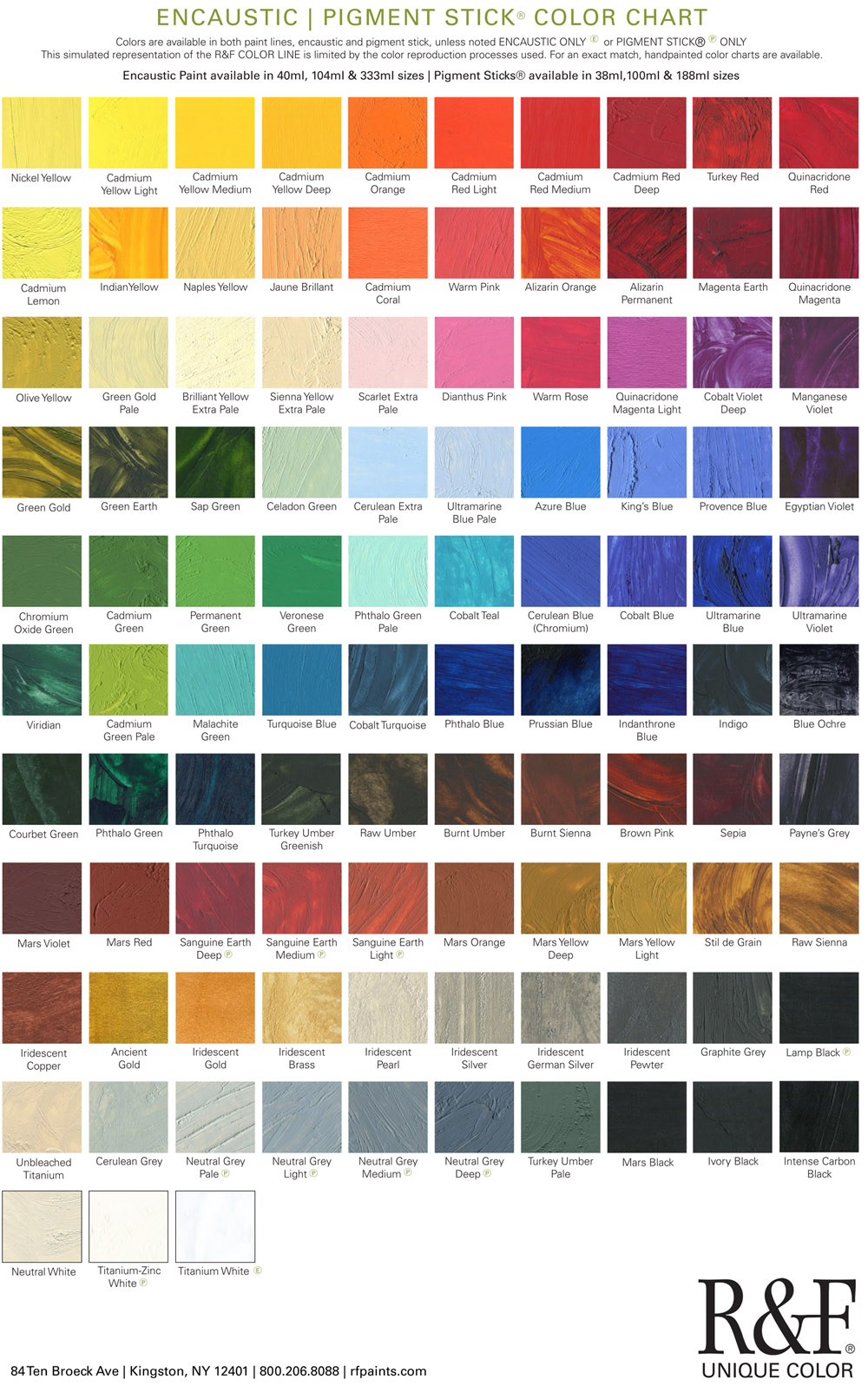 R & F Pigment Sticks Color Chart